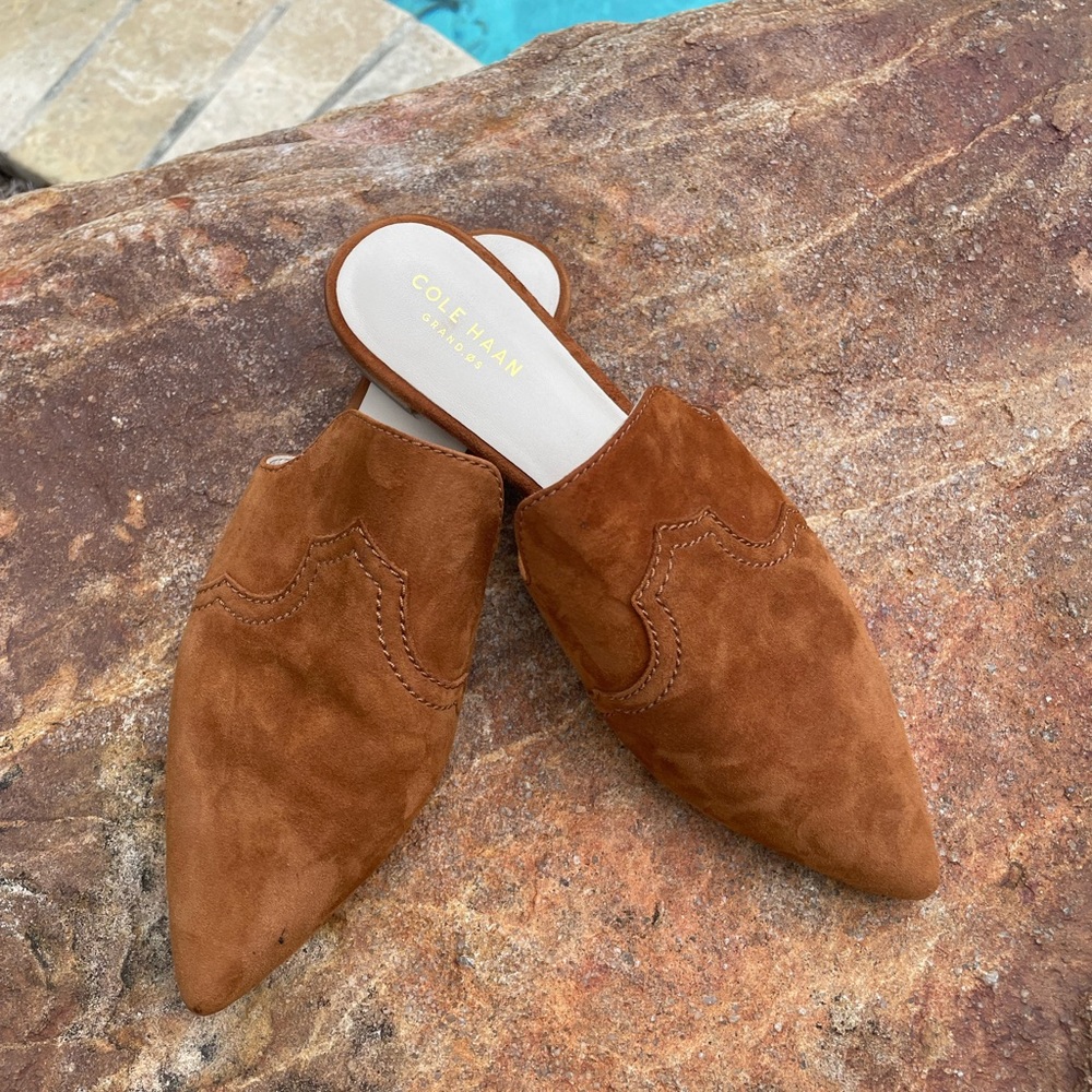 Cole Haan “Hadley” Brown Suede Mules with Pointed Toe